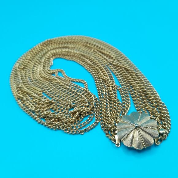 Vintage Japan Multi-Strand Gold Tone Necklace, Layered Chains, Floral Clasp, 19 - Picture 6 of 10